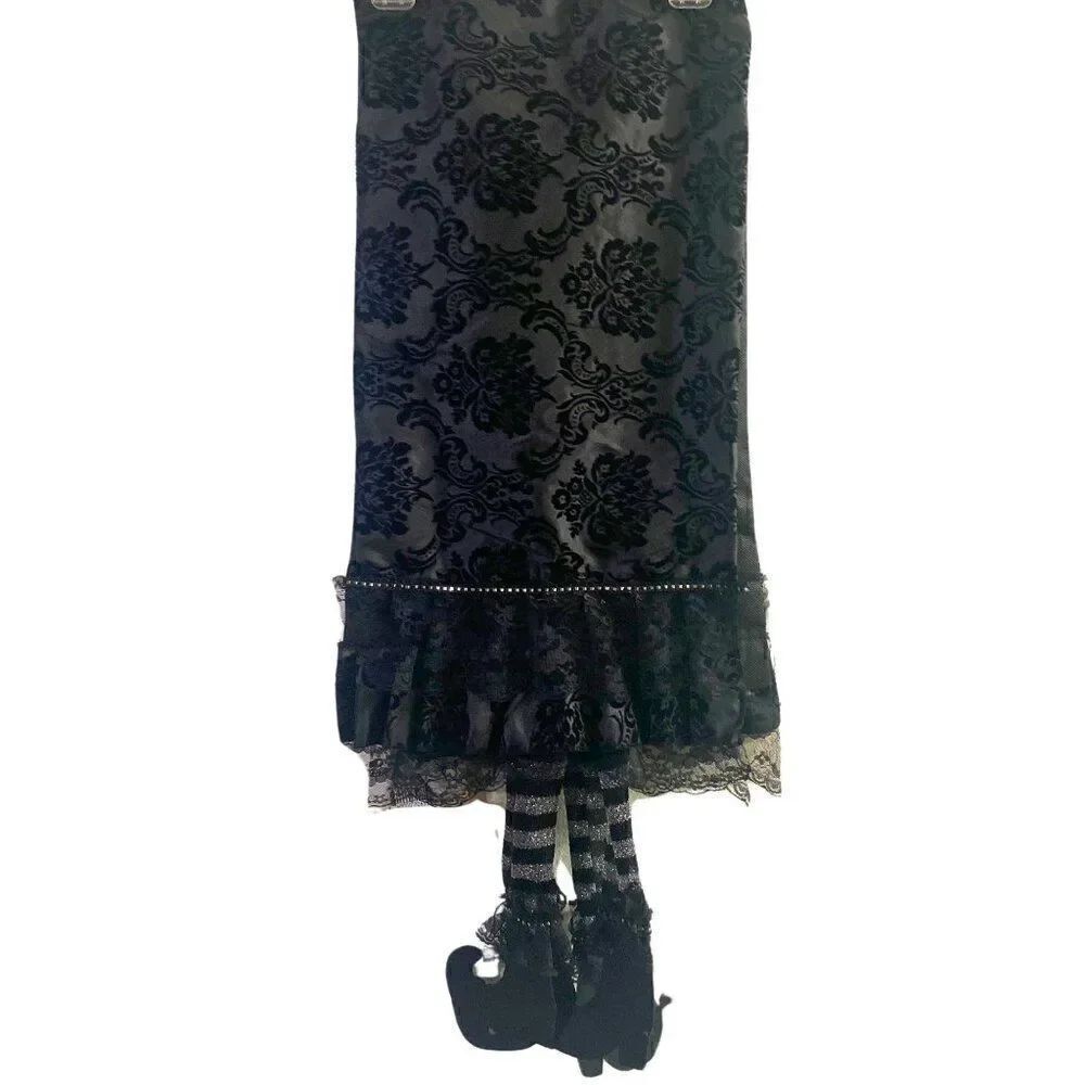 Gothic Velvet Damask Lace Halloween Table Runner with Hanging Grey Witch Legs